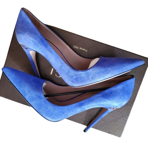 EUC GUCCI Blue Suede Leather Kid Scamosciato Heel Pump IOB - Picture 8 of 12